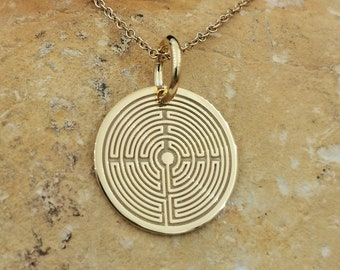 Dainty 14k Solid Gold Labyrinth Necklace, Personalized Labyrinth Pendant