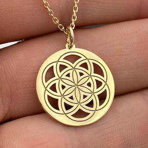 14k Solid Gold Seed of Life Necklace, Personalized Seed of Life Necklace, Flower Charm Pendant, Sacred Geometry Pendant