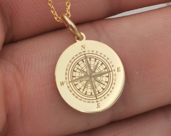 14K Solid Gold Compass necklace, compass jewelry, compass gift, compass charm, personalized compass, custom pendant, traveler gift
