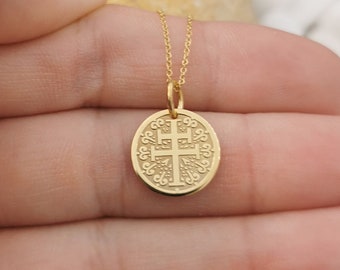 Collier croix de Lorraine en or massif 14 carats, croix de Lorraine personnalisée, pendentif double croix, collier de protection