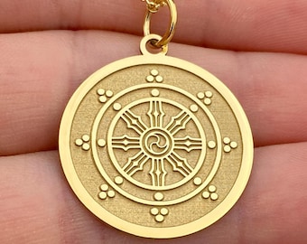 14k Solid Gold Dharma Chakra Necklace, Personalized Dharma Wheel Pendant, Dharmachakra Pendant
