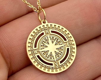 Collar de brújula de oro macizo de 14 quilates, colgante de brújula personalizado con grabado en la parte posterior, regalo de brújula, dije de brújula, regalo de viajero