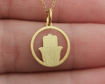 Dainty 14K Solid Gold Hamsa Necklace, Personalized Hamsa Pendant, Hand Of Fatima Pendant, Hamsa Hand Charm