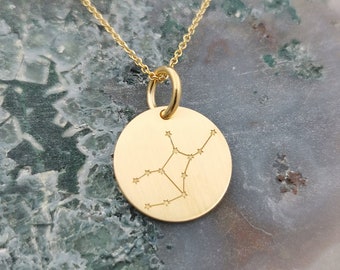 Dainty 14k Solid Gold Virgo Celestial Constellation Necklace, Custom Solid Gold Matte Finish Pendant, Virgo Gold Necklace