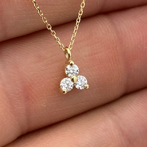 14K Solid Gold Trio Diamond Necklace, Tri Diamond Stone Cluster Necklace with Solid Gold Chain, Flower Diamond Necklace, Total 0.18ct