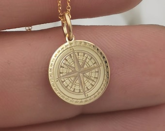 Echte 14k Solid Gold Compass ketting, gepersonaliseerde achterkant graveren kompas hanger, kompas cadeau, kompas charme, reiziger cadeau