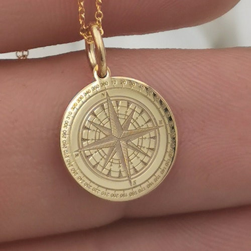 14k Solid Gold Pendant Compass Etsy