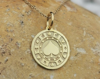 14k Solid Gold Casino Chip Necklace, Ace of Spades Neckace 14k Solid Gold Casino Chip Necklace, Ace of Spades Neckace