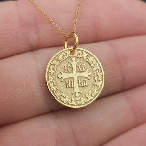 Personalized 14k Solid Gold Dainty Cross Coin Necklace For Protection, Greek Orthodox Jewelry, ICXC NIKA Coin Pendant, Baptism Gift