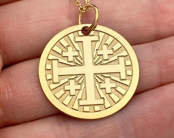 14k Solid Gold Jerusalem Cross Necklace, Personalized Cross Coin Necklace For Protection, Greek Orthodox Jewelry, Gift For Baptism
