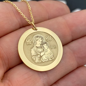 14k Solid Gold Greek Orthodox Mary and Jesus Coin Pendant