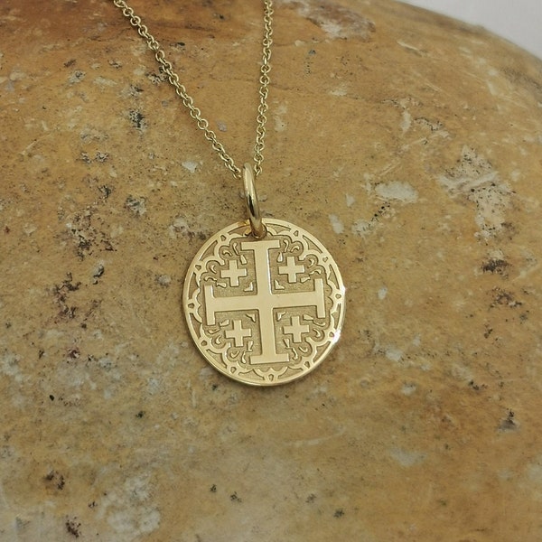 Dainty 14k Solid Gold Jerusalem Cross Necklace, Personalized Cross Coin Necklace For Protection, Greek Orthodox Jewelry, Gift For Baptism