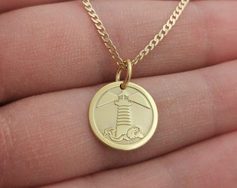 14k Solid Gold Lighthouse Necklace, Personalized Lighthouse Pendant, Lighthouse Charm