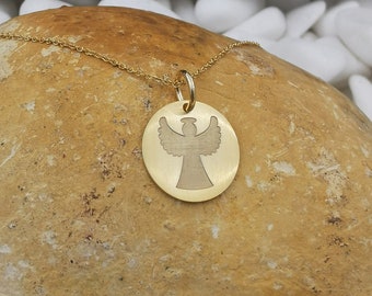 Dainty 14k Solid Gold Angel Necklace, Personalized Angel Gold Coin Pendant, Angel 14k Pendant, Personalized Gift