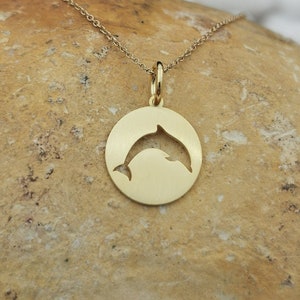 Dainty 14k Solid Gold Dolphin Necklace, Personalized Dolphin Pendant, Brushed Dolphin Pendant