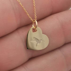Dainty 14k Solid Gold Hummingbird Heart Pendant Necklace