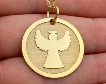 14k Solid Gold Angel Necklace, Personalized Angel Gold Coin Pendant, Angel 14k Pendant, Personalized Gift