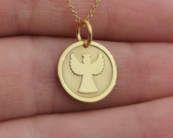 Dainty 14k Solid Gold Angel Necklace, Personalized Angel Gold Coin Pendant, Angel 14k Pendant, Personalized Gift