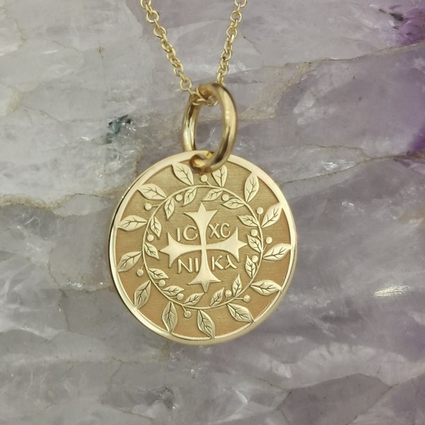 Personalized 14k Solid Gold Dainty Cross Coin Necklace For Protection, Greek Orthodox Jewelry, ICXC NIKA Coin Pendant, Baptism Gift for Girl