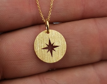 14k Solid Gold Nordstern Halskette, zierliche True North Anhänger, Nordstern Schmuck, zierliche Solid Gold Kompass Halskette, geschichtete Halskette