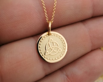 Real 14k Solid Gold Triquetra Necklace, Personalized Trinity Knot Coin Necklace For Layered, Irish Knot Jewelry, Gold Celtic Knot Necklace