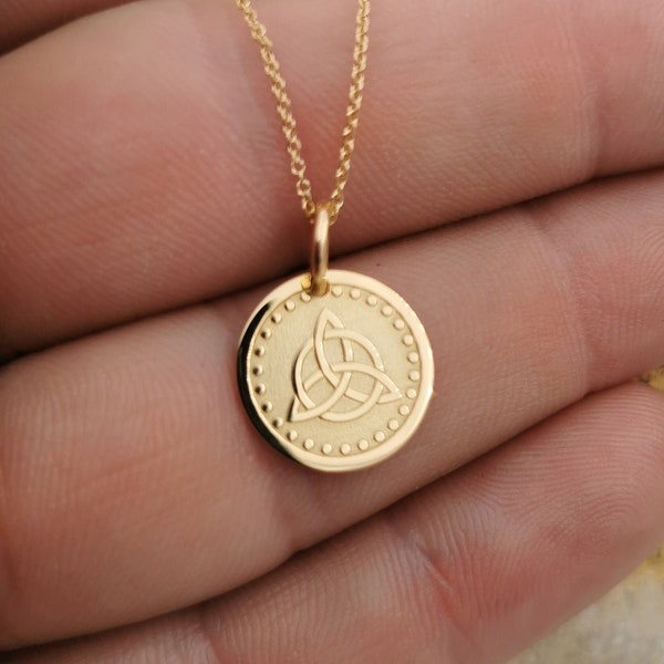 Real 14k Solid Gold Triquetra Necklace, Personalized Trinity Knot Coin Necklace For Layered, Irish Knot Jewelry, Gold Celtic Knot Necklace