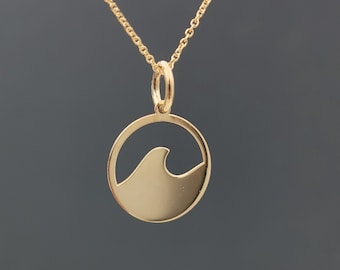14k Solid Gold Dainty Wave Pendant, Everyday Small Gold Disc Wave Necklace, Personalize Gold Coin For Layered Necklace, Perfect Gift For Her
