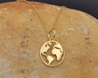 Gold World Map Necklace, Dainty World Map Necklace, Gold Globe Necklace, Solid Gold 14k Earth Necklace, Globetrotter, Travel Jewelry