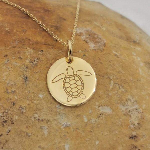 Dainty 14k Solid Gold Turtle Necklace, Personalised Turtle Pendant , Solid Gold Turtle Disc Necklace, Turtle gift