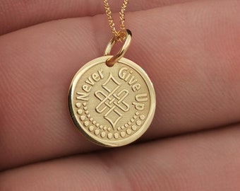Dainty 14k Solid Gold Motivational Female Strength Necklace, Personalized Motivational Necklace, Never Give Up Necklace, Custom Endless Knot