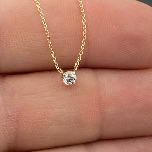 Diamond Solitaire Necklace in 14k Solid Gold/ Bridesmaid Gift/ Delicate Solitaire Necklace/ Floating Diamond/ Diamond Layering
