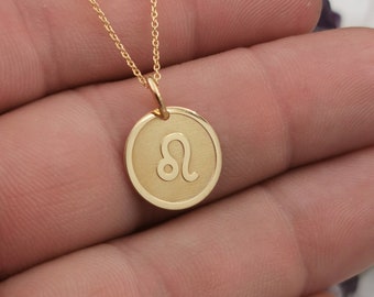 Dainty 14k Solid Gold Leo Zodiac Necklace, Leo Symbol Pendant, Zodiac Solid Gold, Personnalisé Leo Sign Zodiac Pendant, Custom Zodiac