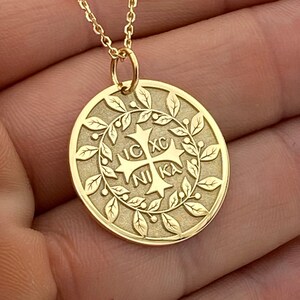 14k Solid Gold Cross Coin Necklace, Personalized Cross For Protection, Greek Orthodox Jewelry, ICXC NIKA Coin Pendant, Baptism Gift