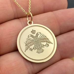 14k Solid Gold Double Headed Eagle Necklace, Personalized Double Headed Eagle Gold Coin Necklace, Double Headed Eagle Gold Pendant