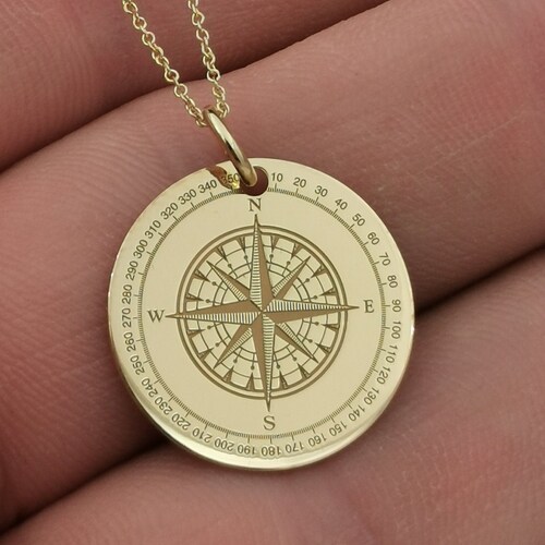 14K Solid Gold Compass Necklace Compass Jewelry Compass Etsy