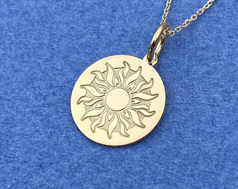 Dainty 14k Solid Gold Sun Necklace, Personalized Sun Pendant, Sun Coin Necklace, Celestial Pendant, Sun Charm Necklace