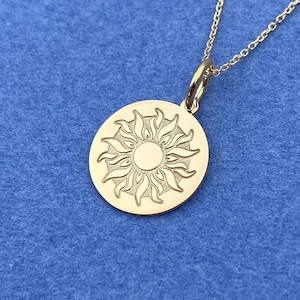 Dainty 14k Solid Gold Sun Necklace, Personalized Sun Pendant, Sun Coin Necklace, Celestial Pendant, Sun Charm Necklace