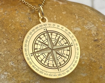 14k Solid Gold Compass Necklace, Personalized Compass Pendant, Compass Charm, Custom Compass Pendant, Traveler gift