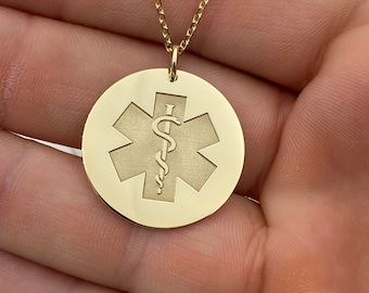 Collar de alerta médica de oro macizo de 14 k, colgante de alerta médica personalizado, colgante de identificación médica personalizado, joyería médica