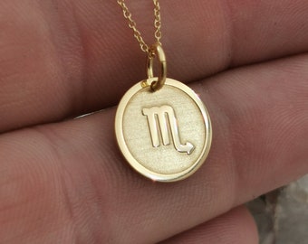 Delicata collana con simbolo zodiacale Scorpione in oro massiccio 14 carati, ciondolo con simbolo Scorpione, oro massiccio zodiacale, ciondolo zodiacale Scorpione personalizzato, zodiaco personalizzato
