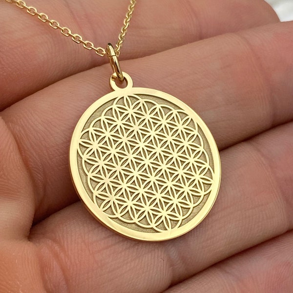 14k Solid Gold Flower Of Life Necklace, Personalized Flower Of Life Pendant, Flower Of Life Symbol
