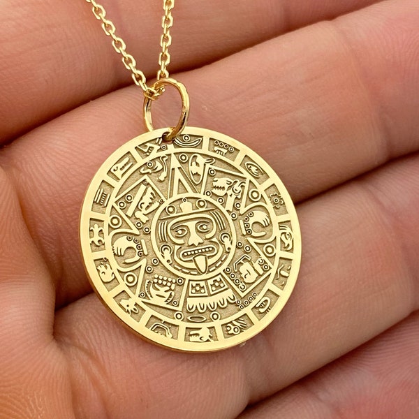 Collier de calendrier aztèque 14k, pendentif de calendrier de soleil maya personnalisé, pendentif de pièce de monnaie aztèque, collier de calendrier aztèque en pierre de soleil