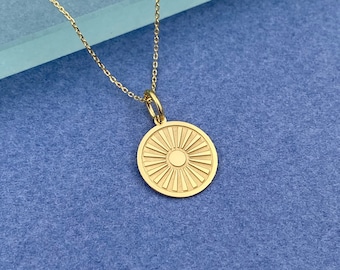 14k Solid Gold Sun Necklace, Personalized Sun Pendant, Sun Coin Necklace, Celestial Pendant, Sun Charm Necklace