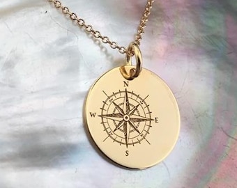 Compass necklace, compass jewelry, 14K solid gold necklace, compass gift, compass charm, personalized compass, Custom pendant, traveler gift