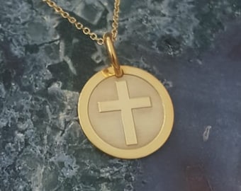 14k Solid Gold Coin, cross necklace, Gold Disc Necklace, Coin cross Necklace, Gold Coin Pendant, baptism gift, orthodox pendant, cross gift