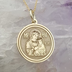 14k Solid Gold Virgin Mary Coin Necklace, Gold Disc Necklace, Dainty Necklace, Gold Jesus Necklace, Gold Coin Pendant, Medallion Necklace