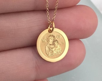 Dainty 14k Solid Gold Greek Orthodox Mary and Jesus Necklace, Personalized Virgin Mary Gold Coin Pendant, Madonna & Child Protection Jewelry