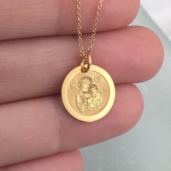 Dainty 14k Solid Gold Greek Orthodox Mary and Jesus Necklace, Personalized Virgin Mary Gold Coin Pendant, Madonna & Child Protection Jewelry