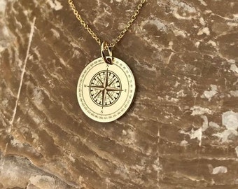Compass necklace, compass jewelry, 14K solid gold necklace, compass gift, compass charm, personalized compass, custom pendant, traveler gift