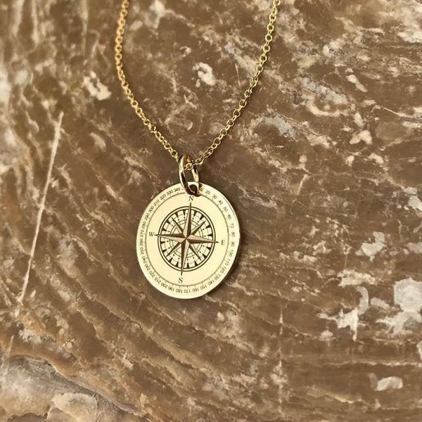 Compass necklace, compass jewelry, 14K solid gold necklace, compass gift, compass charm, personalized compass, custom pendant, traveler gift